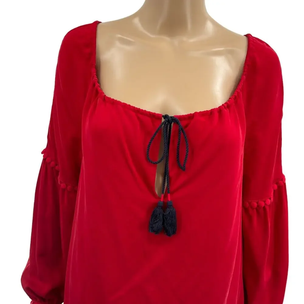 Tory Burch Sylvie Red Silk Tassel Tie Peasant Blouse